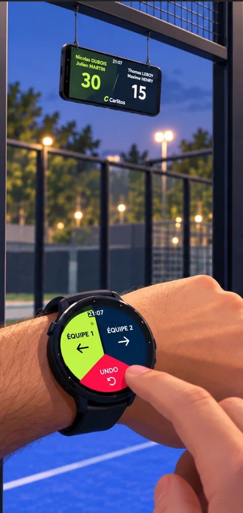 Carlitos : montre au poignet et tableau de score suspendu au bord d’un terrain de padel